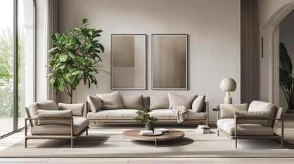 Trendy modern greya palette living room interior design with plant, white couch and table in minimalistic Danish design style with natural colors and wooden elements