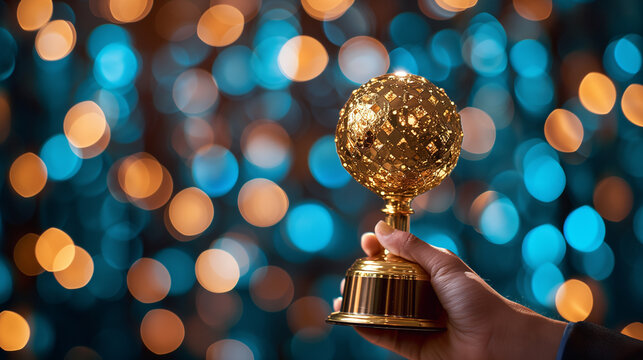 Hand holding a golden globe, awarded in recognition of great success. Composed with copy space.