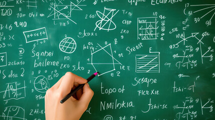 Hand Drawing Mathematical Formulas on Chalkboard.