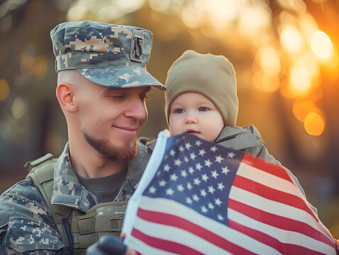 American soldier in military uniform hugs baby son with national flag on light background. Veterans Day celebration