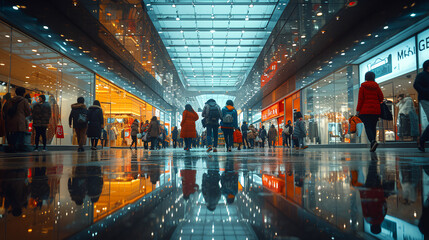Shopping mall - retail store - low angle shot - neon lights - bakeh effect  - obrazy, fototapety, plakaty