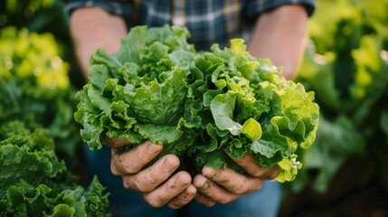 Organic vegetables. Farmers hands with freshly harvested vegetables. Fresh organic lettuce.