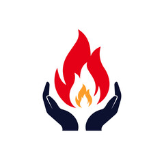 Burn care. Fire on hands. Two hands hold up fire. Fire careful  icon design.
