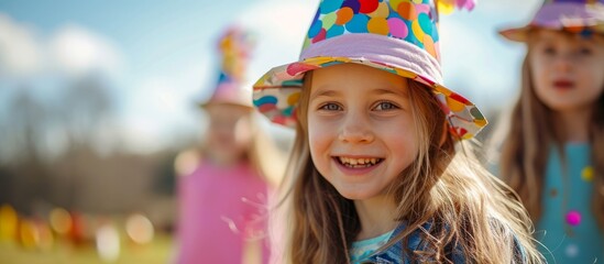 Fototapeta premium A happy toddler with a colorful party hat on her head is smiling and enjoying her leisure time.