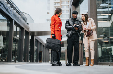 A diverse trio of professionals engaged in a conversation on a city street, showcasing a modern...
