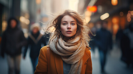 Fototapeta premium Woman Walking Confidently Through Busy City Street During Rush Hour