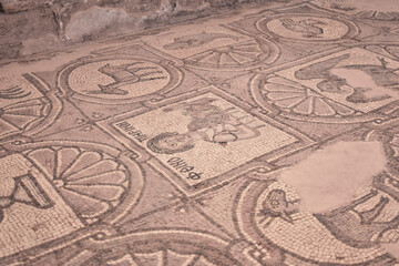Religious mosaic on the floor of a Byzantine church in the city of Petra, Wadi Musa, Jordan.