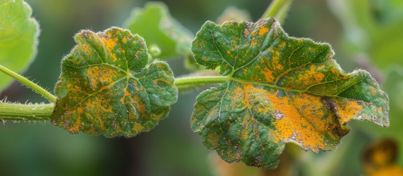 Alcea rosea leaf affected by the pathogenic fungus Puccinia malvacearum, also known as hollyhock rust.