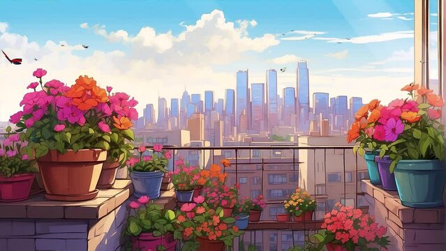 A 4K video showcases the harmonious blend of potted flower plants, butterflies, and a scenic cityscape from the vantage point of a building's rooftop