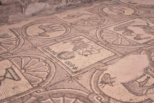 Religious mosaic on the floor of a Byzantine church in the city of Petra, Wadi Musa, Jordan.