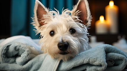 A West Highland White Terrier, snugly wrapped in a towel post-bath