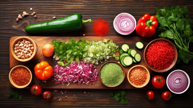 Freshly chopped vegetables and grains organized on a cutting board for a nutritious cooking preparation