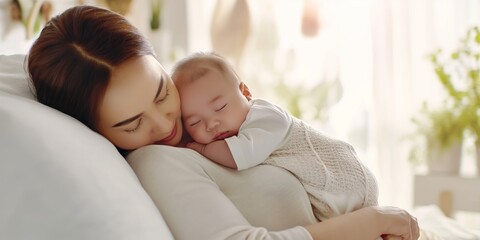 Sleeping, love and mother carry baby for bonding, relationship and child development together at home. Family, motherhood and happy mom with newborn for care, dreaming and affection in nursery room - obrazy, fototapety, plakaty