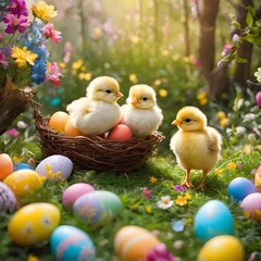 Easter background with chicks, Easter eggs and flower-covered tree branches