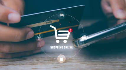 Man Shopping online by credit card with smartphone. E-commerce business online.