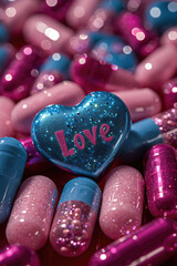 Heart-Shaped Candy or pills Spelling Love - 731475260