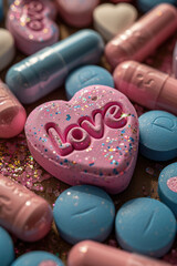 Heart-Shaped Candy or pills Spelling Love - 731475267