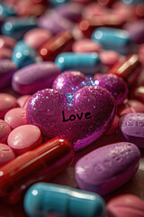 Heart-Shaped Candy or pills Spelling Love - 731475274