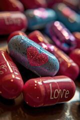 Heart-Shaped Candy or pills Spelling Love - 731475277