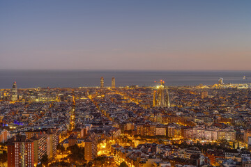 The skyline of Barcelona with the Sagrada Familia and the other iconic Skyscrapers at twilight
