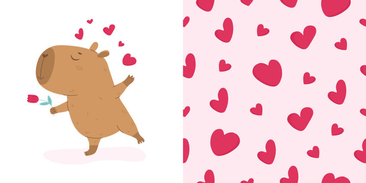 Lovely capybara with flower and hearts pattern