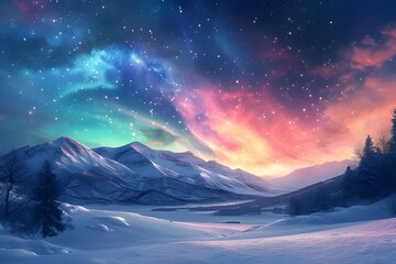 Obraz na płótnie Canvas Behold the vibrancy of this stock photo showcasing the Aurora Borealis against a backdrop of galaxies, set amidst a snowy landscape.