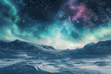 Behold the vibrancy of this stock photo showcasing the Aurora Borealis against a backdrop of galaxies, set amidst a snowy landscape.