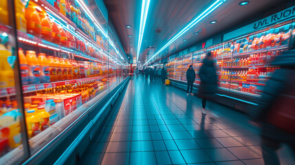 Grocery store isle - shopping center - supermarket - motion blur - bakeh effect - vibrant colors - artistic rendering 