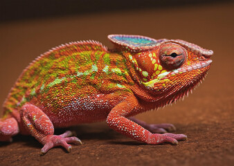 Colorful chameleon lizard sitting on a wooden log or branch. The lizard has a unique pattern with...