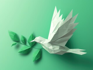 Low poly with White Dove carrying leaf branch on blue sky background.