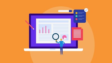 Video animation concept, of case study, businessman with magnifier examine business report, market forecast analysis. 