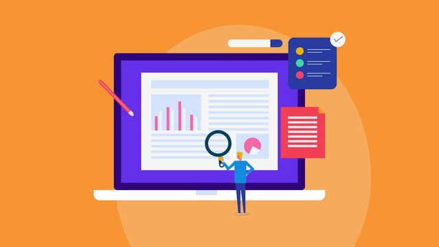 Video animation concept, of case study, businessman with magnifier examine business report, market forecast analysis. 