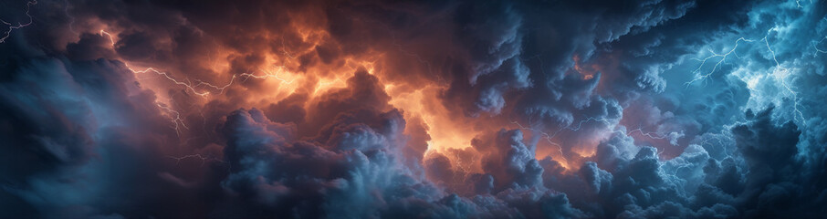 Panorama Dark cloud at night with thunder bolt. Heavy storm bringing thunder, lightnings and rain in summer.
