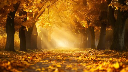 Autumn alley with beautiful golden colors and eaves 
