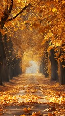 Fototapeta premium Autumn alley with beautiful golden colors and eaves 