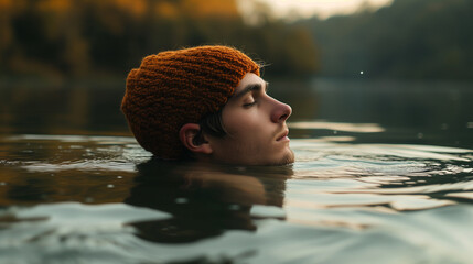Peaceful young man with a beanie floating in calm waters, experiencing tranquility and reflection
