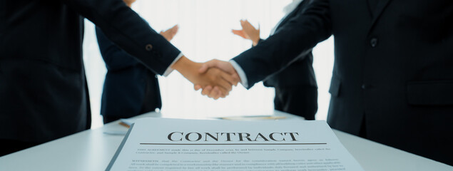 Two business executive shake hand in boardroom, sealing agreement merging two company. Handshake...