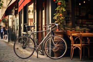 Fototapeta na wymiar A bicycle parked outside a restaurant, showcasing the convenient blend of urban transportation and dining experience, Racing bicycle leaning outside of a French cafe, AI Generated