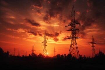 Fototapeta premium A stunning photograph of the sun setting behind a row of power lines, casting a warm glow over the landscape, Radio towers silhouetted against a sunset sky, AI Generated