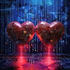 Circuit board cyber network connects two hearts, symbolizing love science - obrazy, fototapety, plakaty