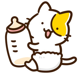 哺乳瓶を持つかわいい赤ちゃんねこのデフォルメイラスト