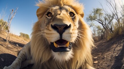 Fototapeta premium Close-up selfie portrait of a lion.