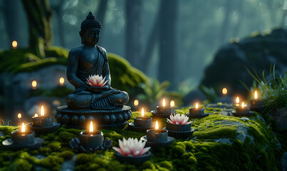 A Buddha statue decorated with simple candles and lotus flowers in a mossy forest,Generative AI - obrazy, fototapety, plakaty