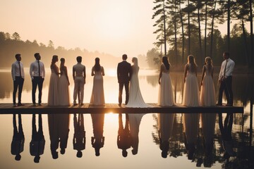 A diverse group of individuals stand together on a dock, enjoying the serene view of a beautiful lake, Reflection of a wedding party in a serene lake, AI Generated - obrazy, fototapety, plakaty