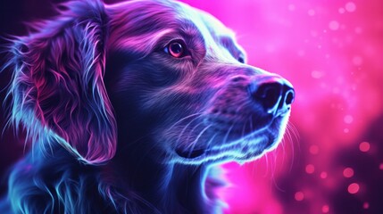 Fantasy vaporwave portrait of retrowave dog. Pink and blue colors.