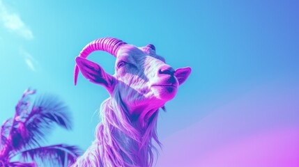 Fantasy vaporwave portrait of retrowave goat. Pink and blue colors.