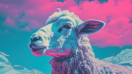 Fantasy vaporwave portrait of retrowave sheep. Pink and blue colors.