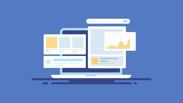 Business uses display ad network, publish digital advertising on web and display ad to customers through programmatic media channel, analysing performance report data, video animation concept.