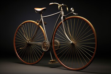 A detailed image of a bike seen up close with a black background, Retro 1880's high wheeler bicycle, AI Generated
