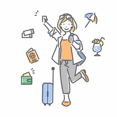 楽しみにしていた旅行へ出発する笑顔の女性　シンプルでお洒落な線画イラスト